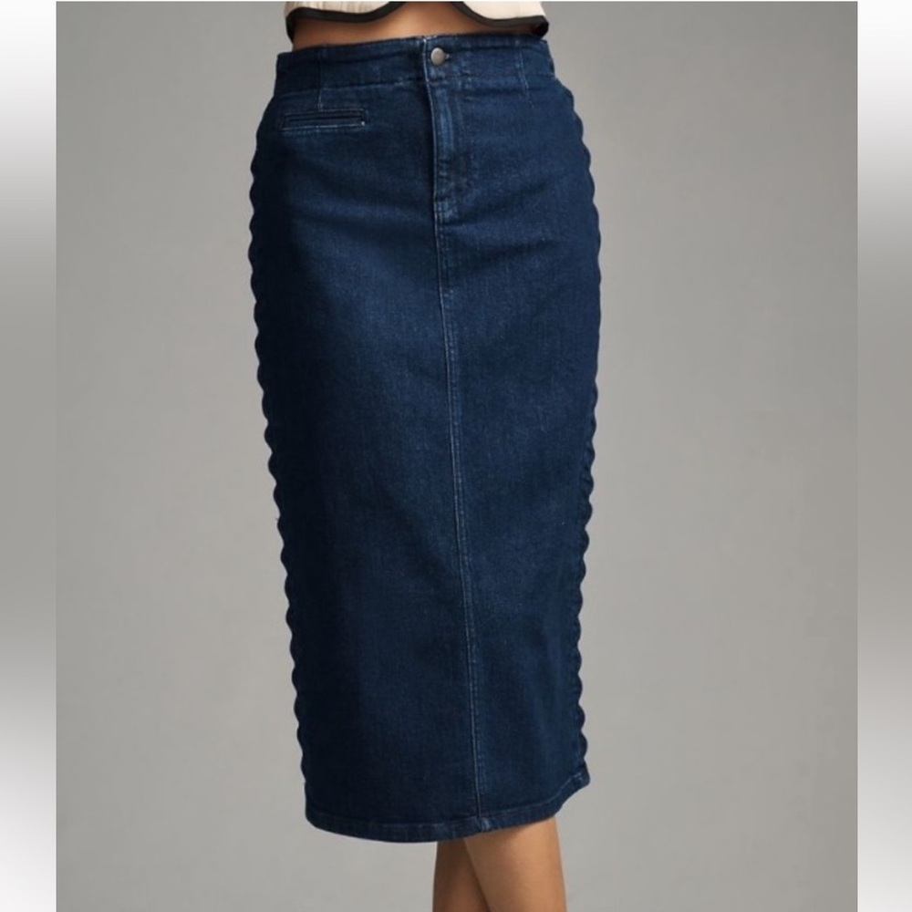 Anthropologie Maeve scalloped stretch midi denim skirt